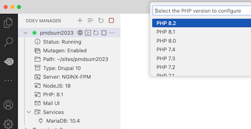 Screenshot of PHP selection in DDEV Manager extension.