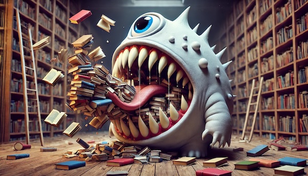 AI generated image of a Drupal monster ingesting books.